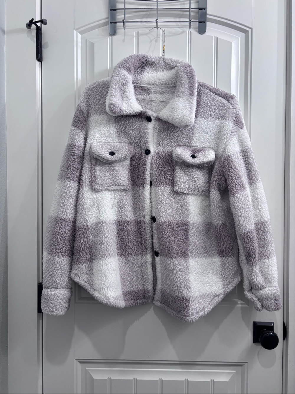 Cozy Plaid Sherpa Jacket - Lavender/Grey & White